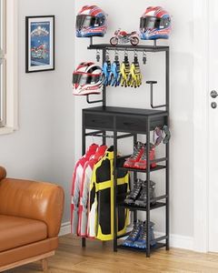 Freestanding Motorcycle Helmet Holder, Motorcycle Helmet Storage Rack & Gear Organizer, All-in-One Motorcycle Accessories with Helmet Hangers, Glove Hooks, Shoe Racks and Drawers