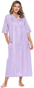 Casual Nights Women's Zip Front Woven House Dress | 3/4 Sleeves Housecoat Long Duster Lounger, Striped Purple, Large