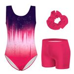 ACOCOPY Gymnastics Outfits for Girls Sparkle Pink Dance Unitards Biketards Leotards with Shorts and Scrunchie Size 6-7