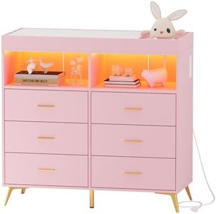 Babevy Changing Table Dresser with Drawers, Baby Dresser with Changing Table Top, Power Outlet, LED Light & Metal Feet, Diaper Changing Station Nursery Organizer for Infants Newborn, Pink
