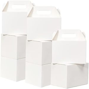 S9BAI15 Shallive 15 Pack Large Treat Boxes White - 9 x 6 x 6 inches Gable Gift Boxes with Handle Cardboard Lunch Boxes Recycled Paper Take Out Boxes Welcome Boxes For Wedding Baby Shower Birthday