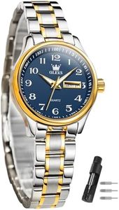OLEVS Gold and Blue Watches for Women Dress Womens Watches for Small Wrist Two Tone Womens Wacthes with Date Day Quartz Elegent Blue Face Watches for Women Silver and Gold Watch Reloj para Mujer