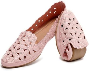 HEAWISH Women's Floral Ballet Flats for Women Black Beige Slip On Flowers PU Leather Round Toe Dress Shoes(Pink,US11)