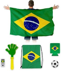 G128 Brazil Soccer Fan Kit 6 PCS, Game Day Supporter Set with Wearable Flag, Koozie, Clapper, Squishy Ball, Drawstring Bag & Face Paint, Soccer Fan Gear, Tailgate & Watch Party Accessories