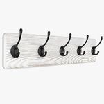 SAYONEYES Rustic Coat Rack Wall Mount, 16” Hole to Hole Solid Pine White Wood Wall Rack, Coat Hanger Wall Mounted with 5 Heavy Duty Hooks for Hanging Coat, Towels, Hat, Jacket - 1 Pack