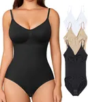 BRABIC Bodysuit Shapewear for Women Tummy Control Panties Seamless Sleeveless Tops V-Neck Camisole Jumpsuit (Brief Black+Beige+White 3pk, X-Small/Small)