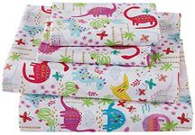 Elegant Home White Pink Blue Green Purple Dinosaurs Jurassic Design 3 Piece Printed Sheet Set with Pillowcases Flat Fitted Sheet for Girls/Kids (Dinosaur Pink, Twin)