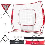 Goplus Baseball Softball Practice Combo, 8.5x7 Feet Training Net, Batting Tee, Ball Caddy, 3 Free Balls, 3 Carrying Bags, Fits All-Level Trainer Hitting, Pitching, Batting, Fielding, Catching (Red)