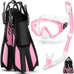 Odoland Snorkel Set with Diving Mask and Swim Fins, Wide View Dry Top Scuba and Flippers, Anti-Fog Anti-Leak Snorkeling Gear for Men Women Adult and Youth Pink M