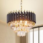 Black Chandelier Ceiling Light Crystal Pendant Light Fixture Flush Mount Ceiling Lighting 3 Tiers Chandeliers Light Shade for Living Room Dining Room Bedroom Bathroom,E14*5 Light