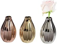 Royal Imports Ceramic Bud Vase, Small Single Stem Flower or Rose Centerpiece, Mini Decorative Floral Holder, Rustic Farmhouse Home Decor, Kitchen, Fireplace, Shelf - Gold, Silver, Rose - Set of 3