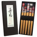 SULOLI Bamboo Chopsticks - Premium 5-Pack Japanese Reusable Chopsticks with Fortune Cat Print - Natural Food-Grade Chop Sticks for Sushi, Asian Dishes