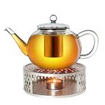Creano Glass Teapot 1200ml with Warmer - Stovetop Safe Tea Kettle with Stainless Steel Infuser and Glass Lid, Ideal for Preparing Loose Teas - Drip Free