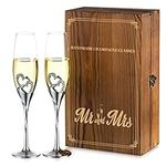 NUPTIO Champagne Flutes Glasses Wedding: Personalised Champagne Flute with Wooden Gift Box Crystal Prosecco Glass Set of 2, Silver Gift Set for Engagement Toasting Anniversary Party Bridal Showers