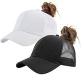 Solid Ponytail Hat Baseball Cap Cotton Mesh High Bun Pony Cap Women 56-58cm (22"-23"), White_and_black_2pcs, Medium