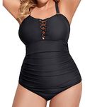 Yonique Women Plus Size One Piece Swimsuits Tummy Control Bathing Suits Vintage Swimwear, Black, 14 Plus