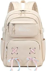 El-fmly Lightweigt Backpack Daypack for Travel School Bookbag with Cute Ribbon for Kids Teen Girls Students (Beige)