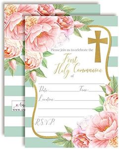 Watercolor Peony First Holy Communion Religious Party Invitations, 20 5"x7" Fill in Cards with Twenty White Envelopes by AmandaCreation