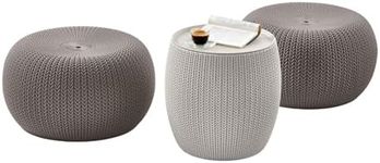 KETER Urban Knit Pouf Ottoman Set of 2 with Storage Table for Patio and Room Décor-Perfect for Balcony, Deck, and Outdoor Seating, Cream & Taupe
