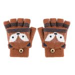 Kids Cartoon Fox Winter Gloves with Finger Cover - Convertible Flip Top Knitted Magic Gloves Stretchy Half Finger Wrist Mittens Thermal Fingerless Gloves with Flap for 3-7 Year Boys Girls Christmas