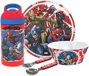 zak! Marvel Universe - 5-Piece Dinnerware Set - Durable Plastic & Stainless Steel - Includes Water Bottle, 8-Inch Plate, 6-Inch Bowl, Fork & Spoon - Suitable for Kids Ages 3+