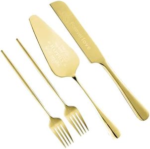 Personalized Cake Cutting Set for Wedding,4 Piece Wedding Cake Knife and Server set, Mr and Mrs Cake Cutter and Forks for, Birthday, Anniversary, Graduation Gift (gold)