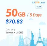 eSIM for Europe Travel 5G 4G LTE EU US Data Only Global Travel eSIM Card Apple e-Card International Travel Sim CardDataPackage 50GB 5Days