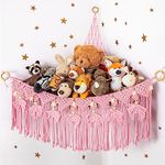 ANROYE Macrame Stuffed Animal Storage with Star Light, Bear Pink Hammock for Girls Room Decor, Corner Hanging Mesh Organizer Idea for Nursery, Plushies Toy Wall Hanging Display Holder Kid Boy Gift