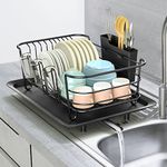 Klvied Dish Rack with Swivel Spout, Dish Drying Rack with Drainboard, Dish Drainers for Kitchen Counter, Dish Strainer with Removable Utensil Holder, Stainless Steel Dish Drainer in Sink, Black