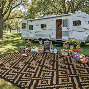 sarben Outdoor Rug for Patio - Waterproof Plastic Straw Camping Rugs 10x20 ft, Reversible Outdoor Indoor RV Mat Carpet for Patio, Porch, Deck, Balcony, Picnic, Beach, Black Brown