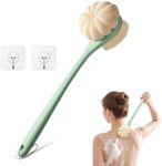 CYMPHW Back Scrubber for Shower, 15.7" Loofah with Handle, Back Shower Brush with Bristles and Loofah, Dry Brushing Body Brush for Cleanse Back and Hard to Reach Areas with Curved Long Handle