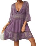 Bsubseach Women Contrast Lace Bathing Suit Cover Up V Neck Bikini Swimsuit Cover Up Dress Beach Outfits Purple