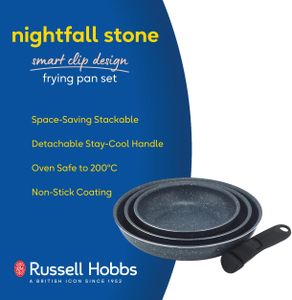 Russell Hobbs Nightfall Stone Frying Pan Set – Non-Stick, 3-Piece, Detachable Handle, Stackable