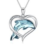 Midir&Etain Dolphin Necklace 925 Sterling Silver Dolphin Heart Pendant Necklace with Blue Dolphin Crystal Beach Sea Summer Ocean Themes Jewelry Gifts for Women Girls Daughter