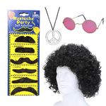 4PCS Complete Hippie Costume Set for Men - Funky Afro Wig Peace Medallion Sunglasses Moustache for 60s/70s Parties Halloween