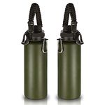 Volhoply Insulated Water Bottles Bulk 2 Pack, 40 oz Stainless Steel Sports Bottle with Paracord Handle & Spout Lid, Vacuum Metal Travel Thermos with Wide Mouth,Reusable Large Cup(Army Green,2 Set)