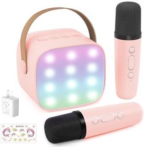 iXTRA Kids Karaoke Machine for Girls, Portable Karaoke Speaker with Bluetooth Wireless Microphone for Adults, Mini Karaoke Microphone Ideas Birthday Gifts for Girls Age 4 5 6 7 8+ Years Old-Pink 2 Mic