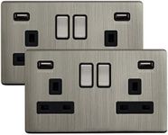 2 x Brush Chrome Double Wall Switch Socket 13A 2 gang with 2 USB Charger Ports UK 3 pin Plug Screwless Finish N776DME