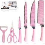 Kitory Pink Knife Set 6 pcs, Kitchen Chef Knife Set with peeler and shears, Stainless Steel Knives with Wave Horseshoe Handle, Professional Design Collection Gifts 2024 for Girls, Ladies and Women