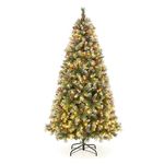 HAPPYGRILL 6.5FT Pre-lit Artificial Christmas Tree, Pre-Decorated Hinged Xmas Tree with 909 Branch Tips, 420 LED Lights, 8 Light Modes, Pine Cones & Red Berries, Fake Seasonal Tree for Home Office
