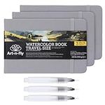 Art N Fly Watercolor Workbook Set - Watercolor Sketchbook and Brush Tip Markers - Journal Book and Markers Set - Journal for Painting Travel - Includes 3 Brush Pens & 3 Books
