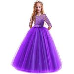 OwlFay Flower Girl Long Princess Dress Vintage Lace Maxi Gown Kids Formal Wedding Bridesmaid Pageant Tulle Dresses Little Big Girls Elegant Bowknot Dance First Communion Birthday Prom Dresses Dark Purple 7-8