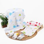 MOM'S HOME Unisex Baby Organic Cotton Super Soft Absorbent 6 Item Gift Set | 0-3 Years | Muslin 6 Layer wash Towel- 60X120 CM -Printed and Pack of 3 Napkin and 2 Burp Cloth