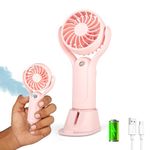 Gesto Mini Portable Table Fan or DC Fan - 3 Speed Modes Handheld Fan for Summer With 1200 mAh Battery| Rechargable Mist Fan With Water Spray | Portable Misting Fan for Makeup,Kitchen,Travel (Pink)