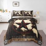 Rustic Cow Print Bedding Sets Queen,Vintage Western Texas Star Comforter Set for Women Men,Cowhide Bull Cattle Fur Duvet Insert Home Room Decor,Farm Animal Down Comforter with 2 Pillow Shams Warm