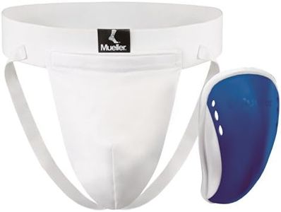 Mueller Sports Medicine Athletic Supporter with Flex Shield Cup, White/Blue, Youth Large (Pack of 1)