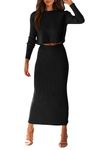 PRETTYGARDEN Women's Winter 2 Piece Sweater Set Ribbed Knit Long Sleeve Crop Tops and Maxi Bodycon Skirt Casual Outfits (Black,Medium)