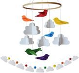 Sorrel + Fern Baby Crib Mobile (Rainbow Birds in The Clouds, w/Garland) - Felt Nursery Ceiling Decoration and Baby Shower for Girls & Boys