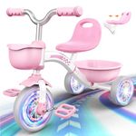 Lighting Tricycles for 1-3 Year Old Toddler Girls,Kids Trike with Adjustable Seat & Storage,Ride On Toys for Preschool 1 2 3 Year Old Birthday Toddler Outdoor Toys