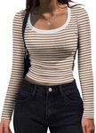 Zeagoo Fall Tops for Women 2024 Fashion Long Sleeve Skims Top Striped Basic Tee Undertop Brown and White